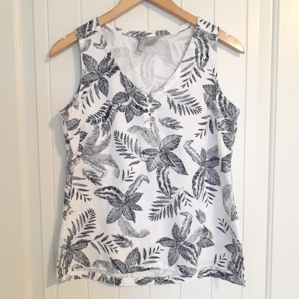 Royal Robbins Cool Mesh Eco Tank Top Organic Cotton Floral White Blue Size 6